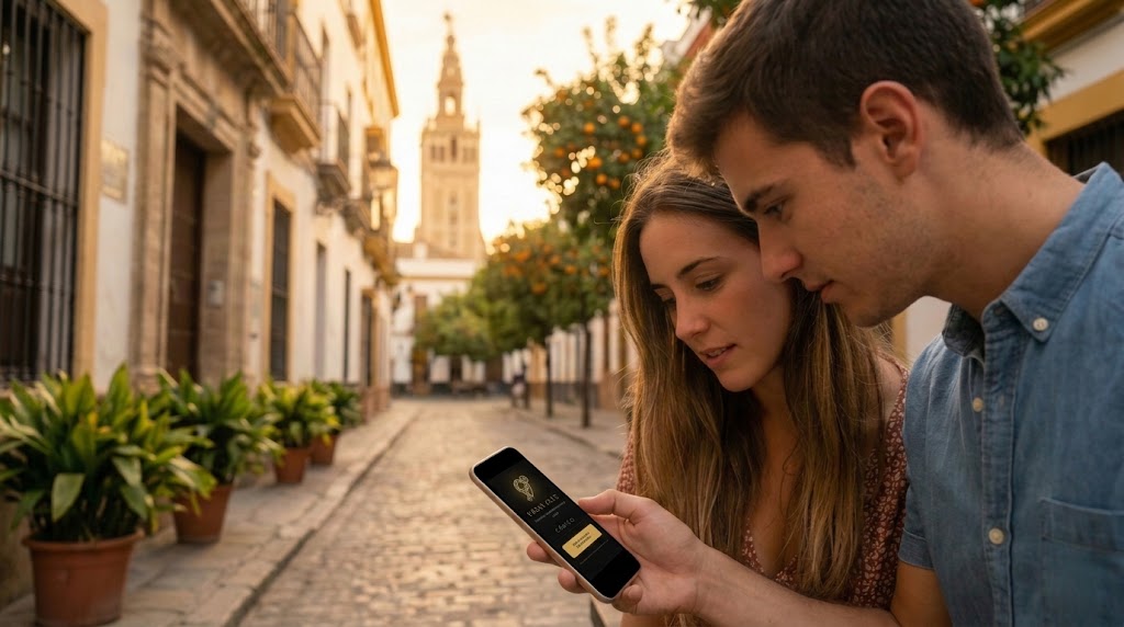 Pareja jugando a Urban Clue en una calle de Sevilla al atardecer